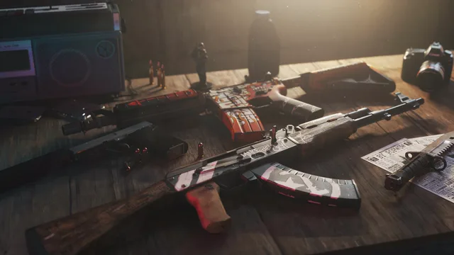 A top-down spread of CS:GO weapons including an AK-47 and AWP on a dark lit table