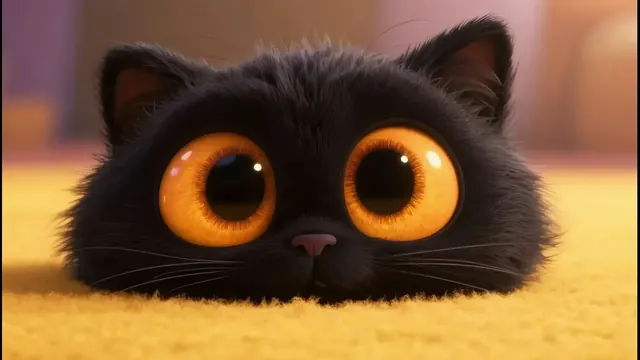 Soft black cat with golden eyes and a sleepy, curious gaze