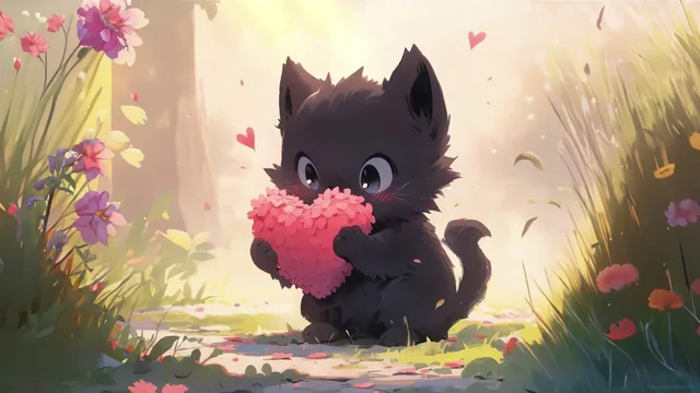 Small black kitten hugging a pink petal heart in a flower garden
