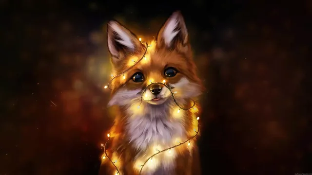 Cute fox with glowing fairy lights in a whimsical 4K live wallpaper