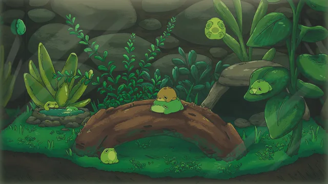 Tiny frogs resting inside a glass terrarium filled with moss, droplets, and greenery