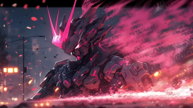 Massive cybernetic mecha surrounded by crimson energy, glowing embers and drifting smoke