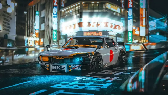 Cyber-styled Mustang Boss 302 parked among neon reflections on a rainy city street.