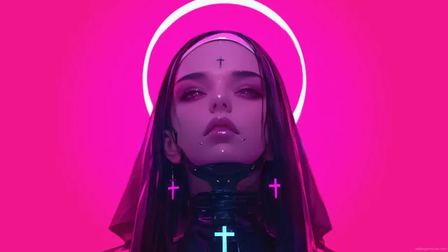 Cyber nun depicted as a futuristic science-fiction character.