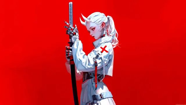 Cyber samurai girl against a red background in 4K