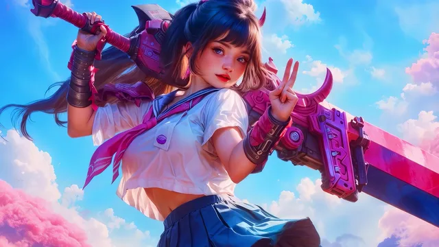 Blue-haired schoolgirl carrying an oversized pink cyber blade