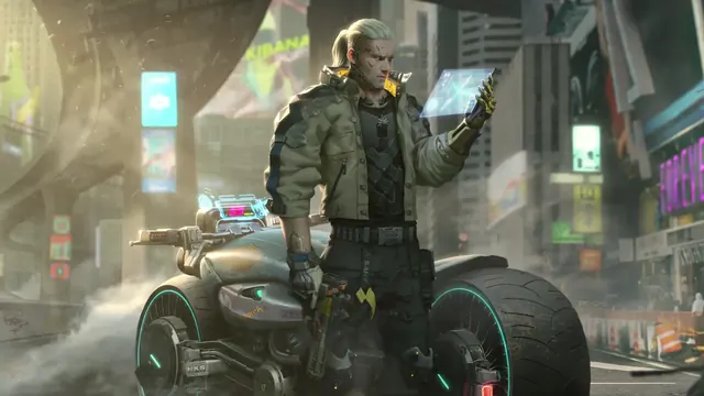 Kerry Eurodyne beside an ARCH motorcycle in neon-lit Night City