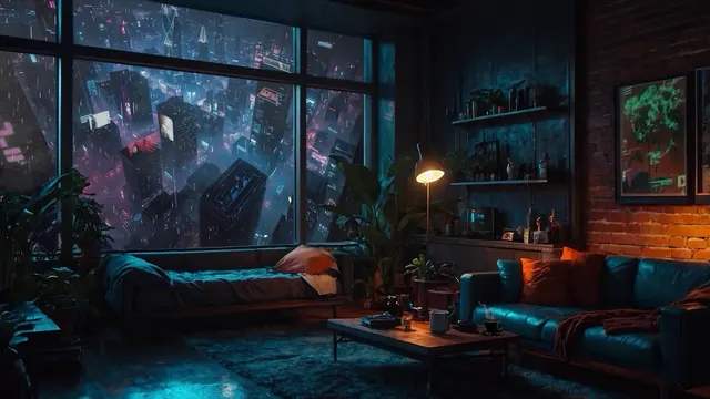 Warm cyberpunk apartment overlooking rain-lit neon streets and holograms