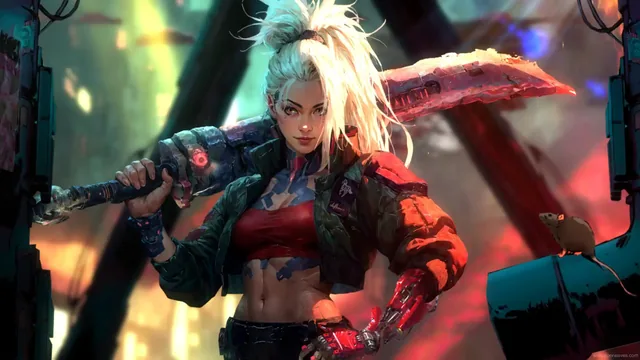 Blade-wielding cyberpunk girl in a futuristic 4K live wallpaper