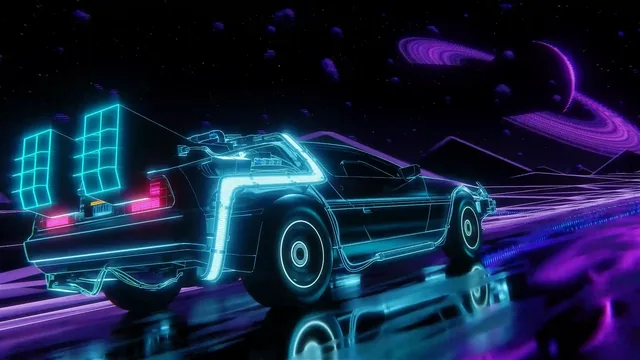 DeLorean depicted in a cyberpunk neon space-drive setting