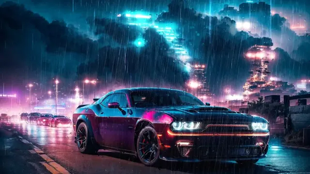 Dodge Challenger muscle car in a cyberpunk scene shaped by neon light and rain.