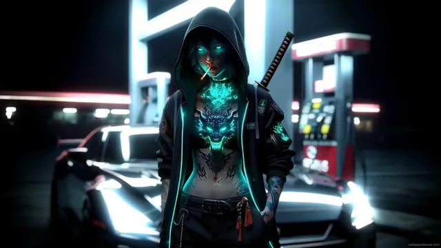 Cyberpunk girl posed with a GTR in a sci-fi live wallpaper.