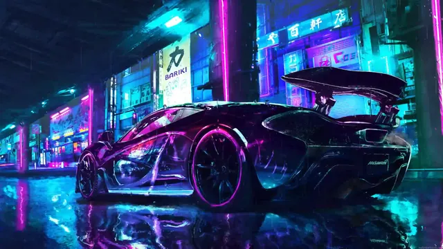 McLaren supercar set against glowing streets in a cyberpunk city theme.