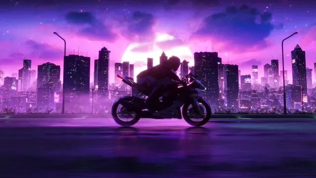 Motorcycle ride through a futuristic Night City setting after dark.
