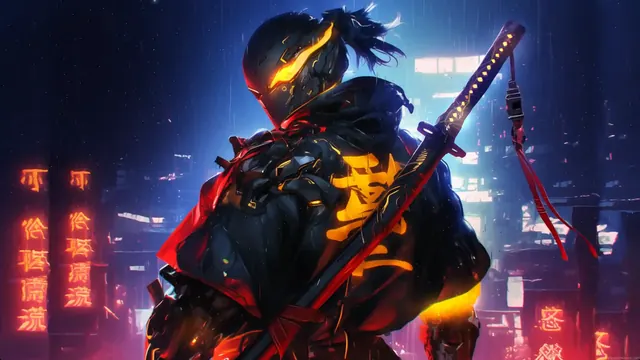 Cyberpunk samurai character with a glowing katana