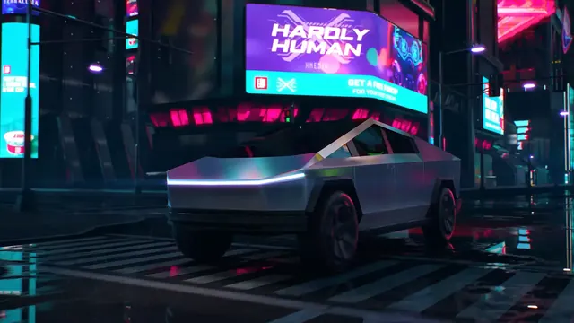 Tesla Cybertruck electric pickup shown as the central subject of a desktop wallpaper.