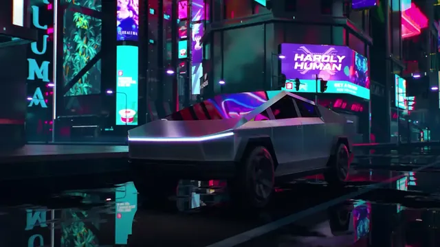 Cybertruck under pink and blue neon lights in a city at night
