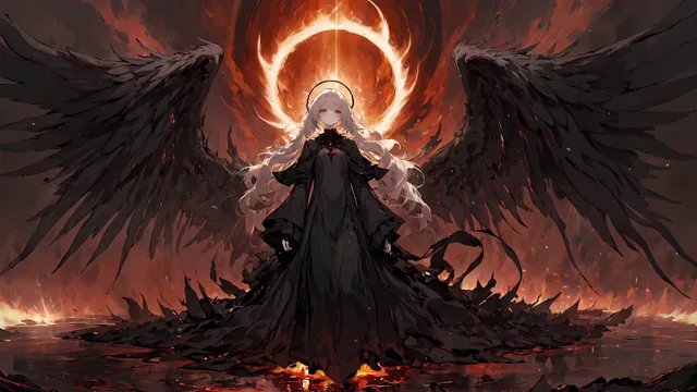 Dark-robed angel with white hair spreading wings before a ring of fire