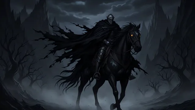 Armored rider on a dark horse in a foggy forest of twisted trees and cliffs