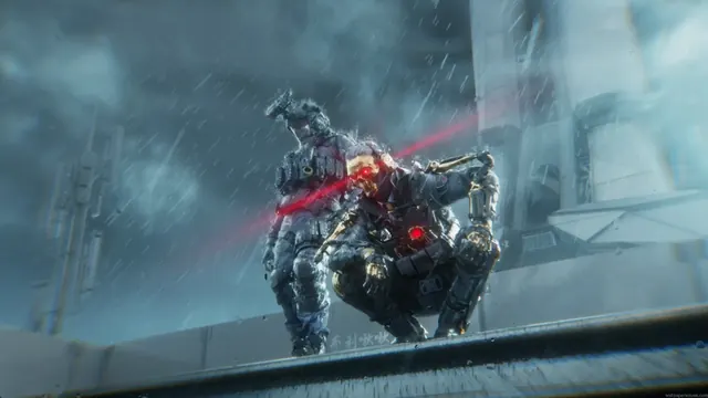 Dark futuristic soldiers wearing red visors in a live wallpaper