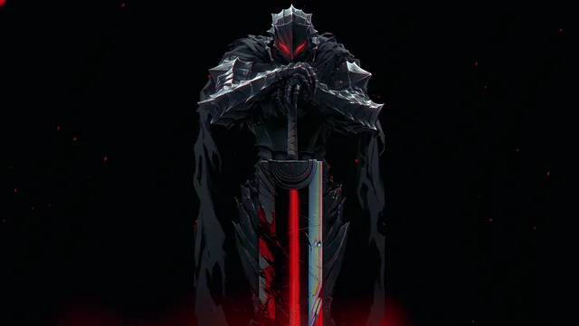 Black-armored knight standing in a corridor of swirling shadows with drifting embers