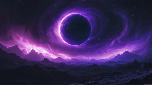 Dark planet with a purple corona above jagged mountains