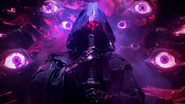 Dark fantasy samurai depicted with void-like eyes