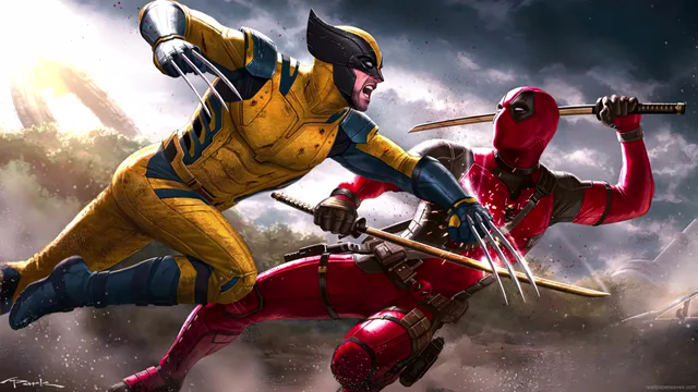 Deadpool with katanas and Wolverine with claws in opposing combat stances