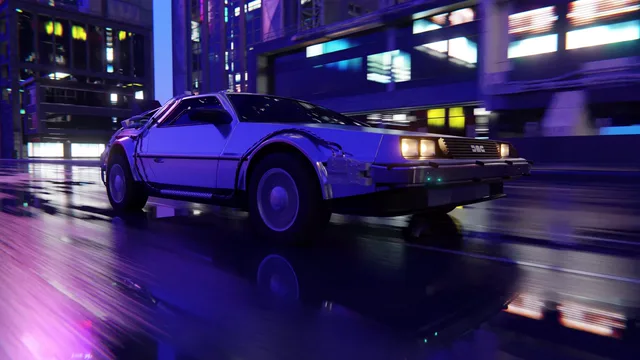 Silver DeLorean DMC-12 driving through a wet neon city