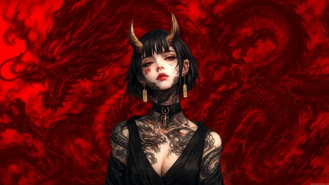 Fantasy artwork showing a demon girl with a red dragon