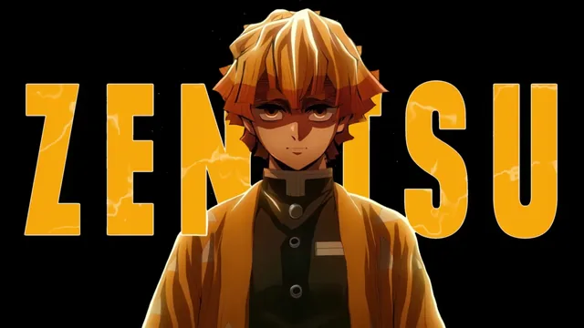 Zenitsu Agatsuma with a golden aesthetic and determined expression on a dark background