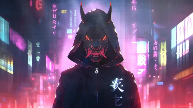 Digital demon appearing within a dark technology-driven cyberpunk city