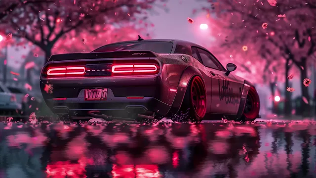 Red Dodge Challenger beneath pink blossoms and falling petals