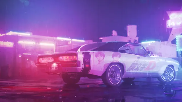 Dodge Charger R/T with anime graphics and neon reflections in a rainy night scene.
