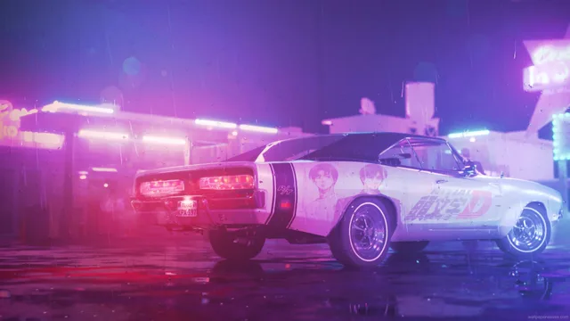 Dodge Charger R/T on a wet city road lit by violet and electric blue neon