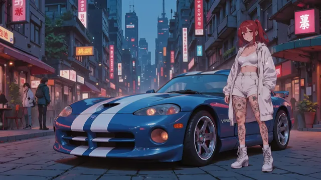 Dodge Viper GTS SR II at the curb on a narrow neon-lit city street at night.