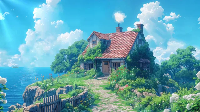 Red-roofed anime-style cottage on a lush hillside beneath white clouds