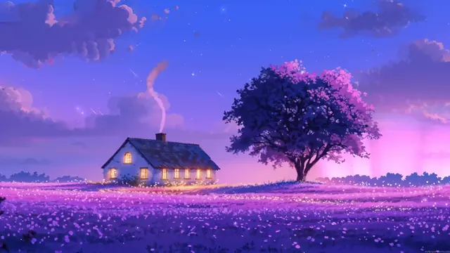 Small cottage in a quiet landscape beneath a broad purple sky