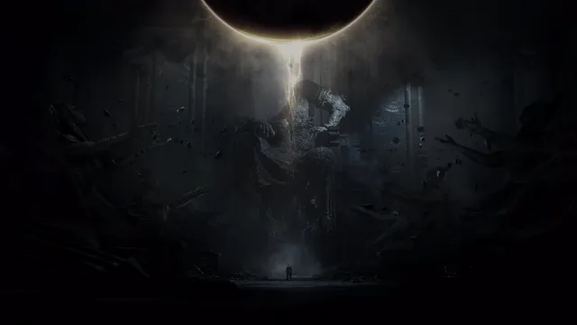 Colossal stone figure on an ancient throne lit by a solar eclipse beam in a ruined hall
