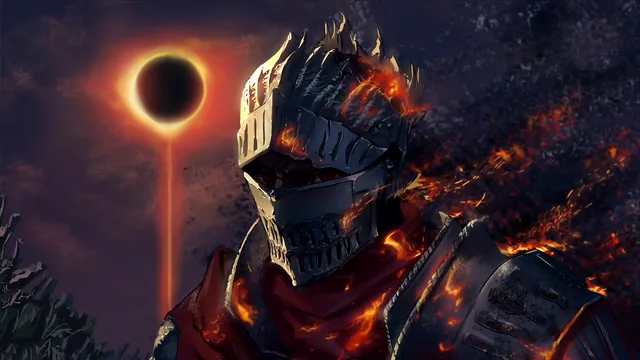 Armored warrior with heat-traced plating standing beneath a near-total eclipse