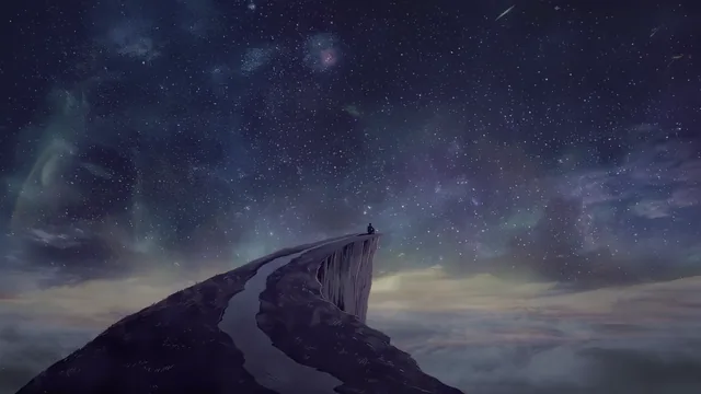 Small seated figure at the end of a sharp cliff beneath a star-filled sky