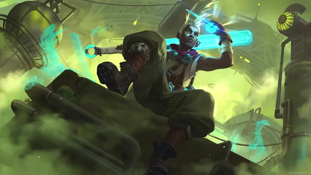 Ekko mid-action with teal Zero Drive energy glowing in a neon industrial corridor