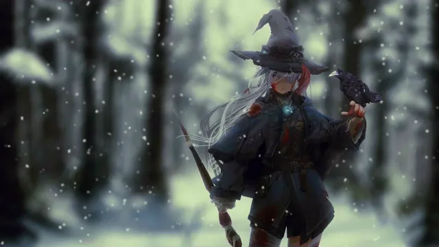Elaina the wandering witch standing amid falling snow in a birch forest