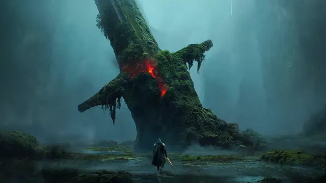 Elden Ring warrior facing a rooted structure marked by a red sigil