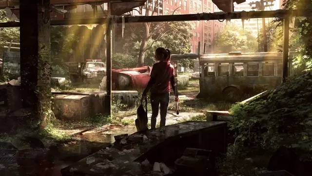 Ellie in an overgrown ruined city with abandoned vehicles and daylight