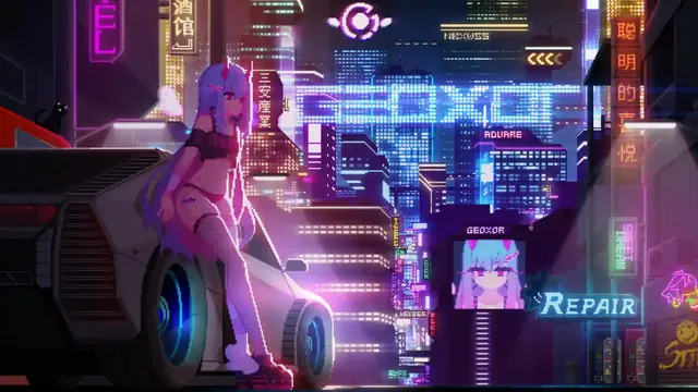 Ephemeral cyberpunk scene rendered in a distinctive pixel-art style