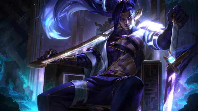 Yasuo in a wide samurai battle stance surrounded by blue wind energy