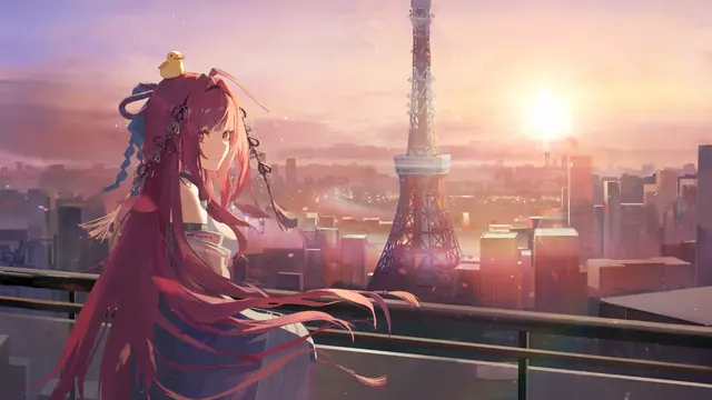 Erii Uesugi with Tokyo Tower in a Dragon Raja animated wallpaper
