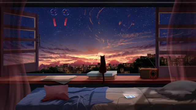 Black cat on books at an open sunset bedroom window