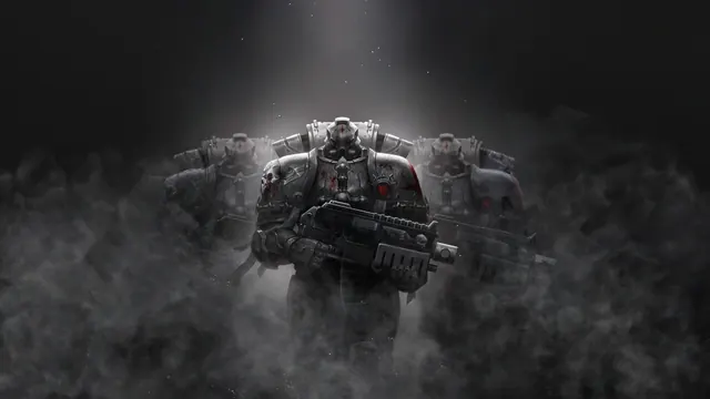 Black-armored EvilBlood Astartes warriors in a dark Warhammer 40K scene